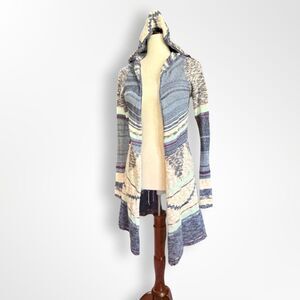 Mudd Y2K Light-Weight Hooded Duster, M, Blue Knit Abstract